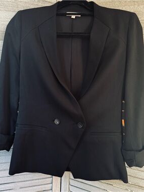 Helmut Lang Black Wool Silk Lined Blazer Sz 0 Double Breasted Rolled Sleeve